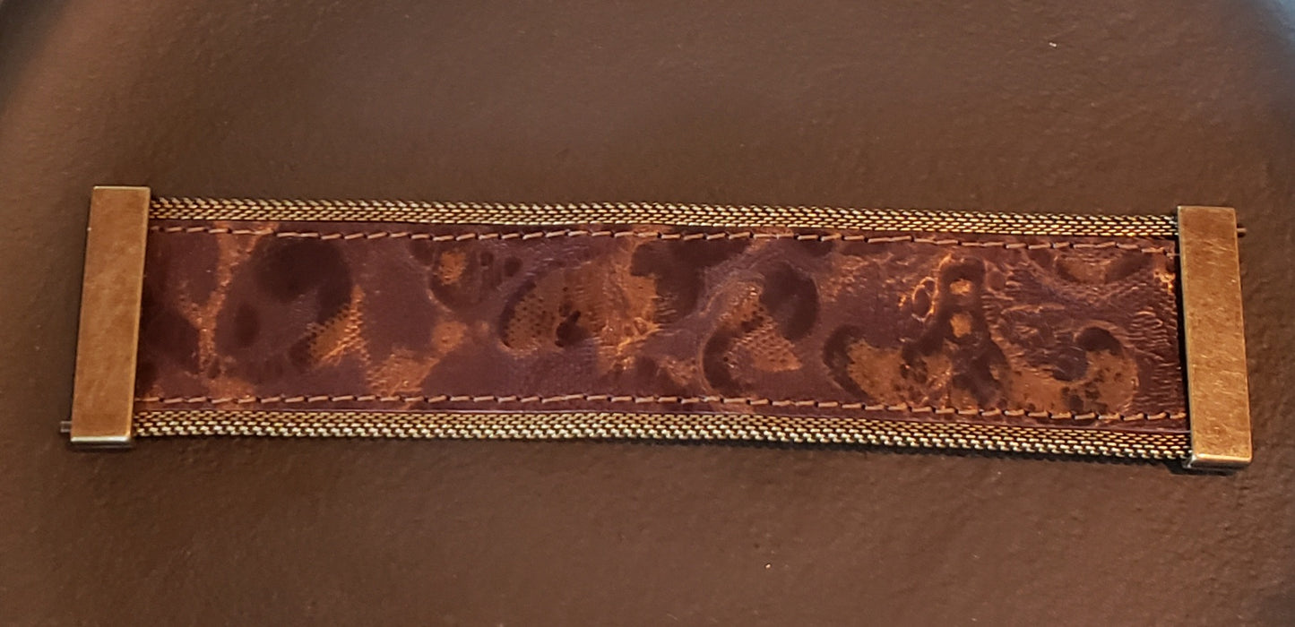 CUFF - Chocolate Brown Embossed Italian Leather w/Brass Mesh
