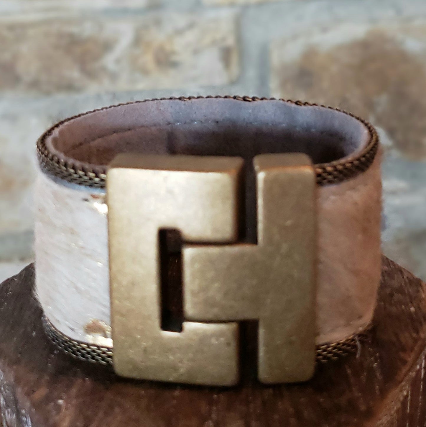 CUFF - Burn out Ivory Hide w/ Brass Mesh and Gold